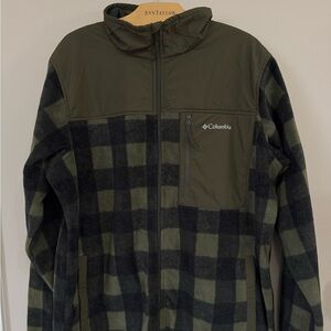 Columbia Men's Plaid Full Zip Fleece Jacket Green Black Size L Outdoor Casual